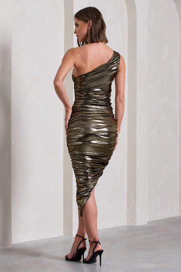 Late Night Gold Metallic Asymmetric One-Shoulder Midi Dress